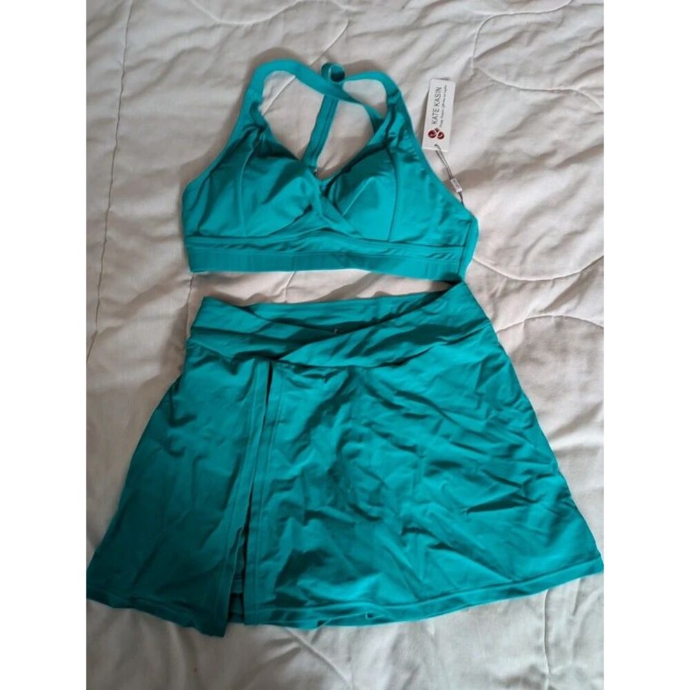 NWT Kate Kasin Sporty Two Piece Swimsuit Swim Skirt Set Teal Blue M A003